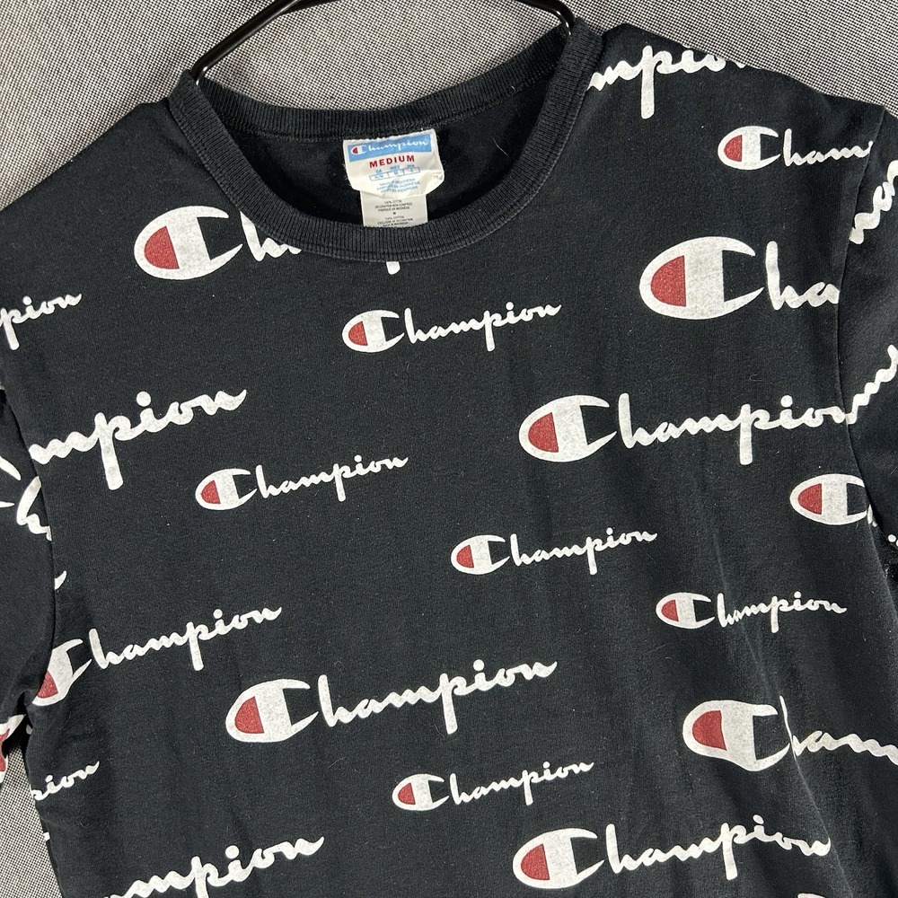 Champion All Over Print Graphic T-Shirt Mens‎ Medium Black White Red Crew Tee